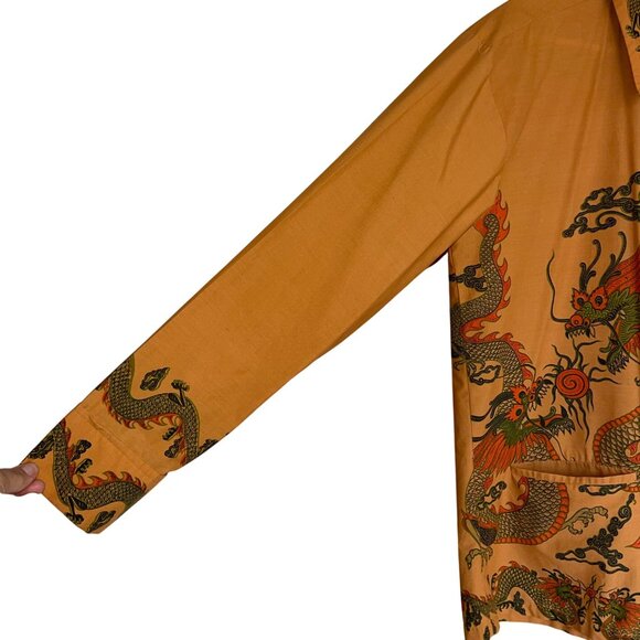 Vintage 1970s Mens Shirt Size Large Orange Dragon Button Down Long Sleeve - Picture 7 of 12